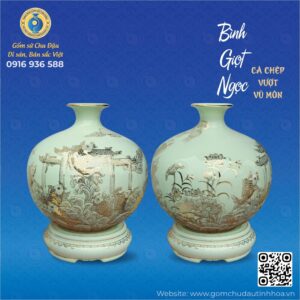 Bình Giọt Ngọc Họa Tiết Cá Chép Vượt Vũ Môn Men Xanh Ngọc