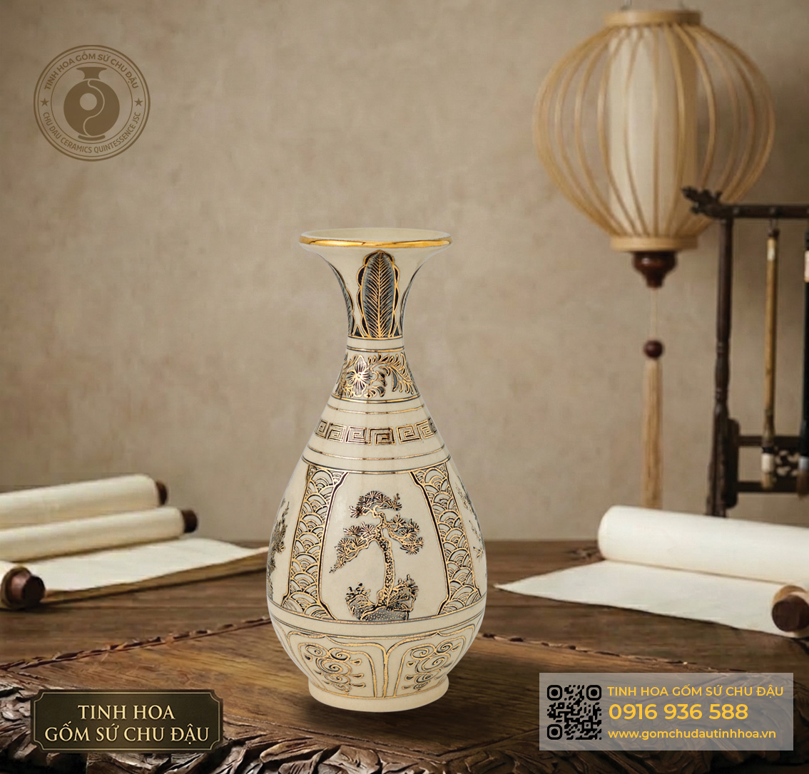BÌNH TỲ BÀ GỐM CHU ĐẬU VẼ VÀNG KIM - Ảnh 4