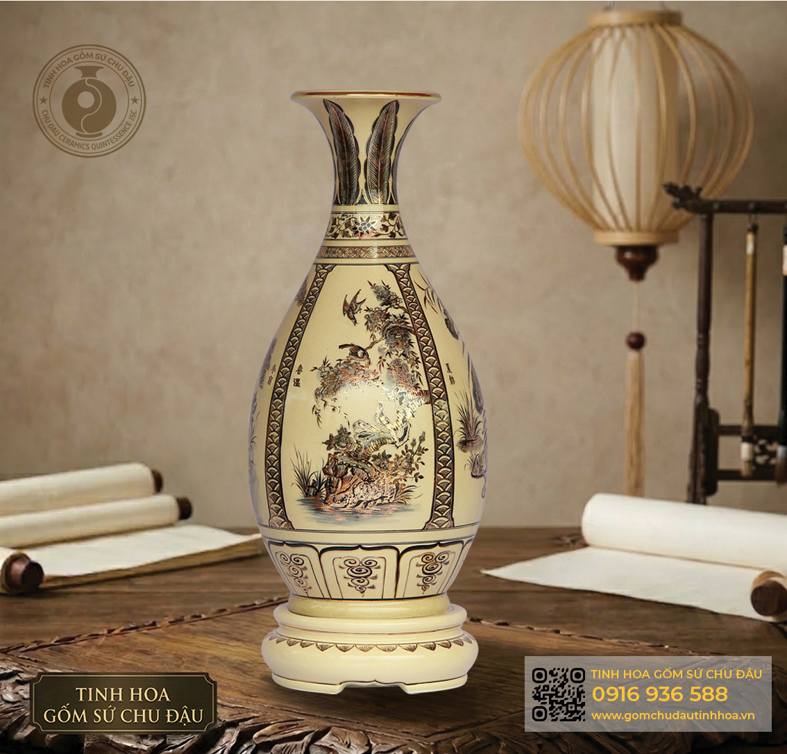 BÌNH TỲ BÀ GỐM CHU ĐẬU VẼ VÀNG KIM - Ảnh 2